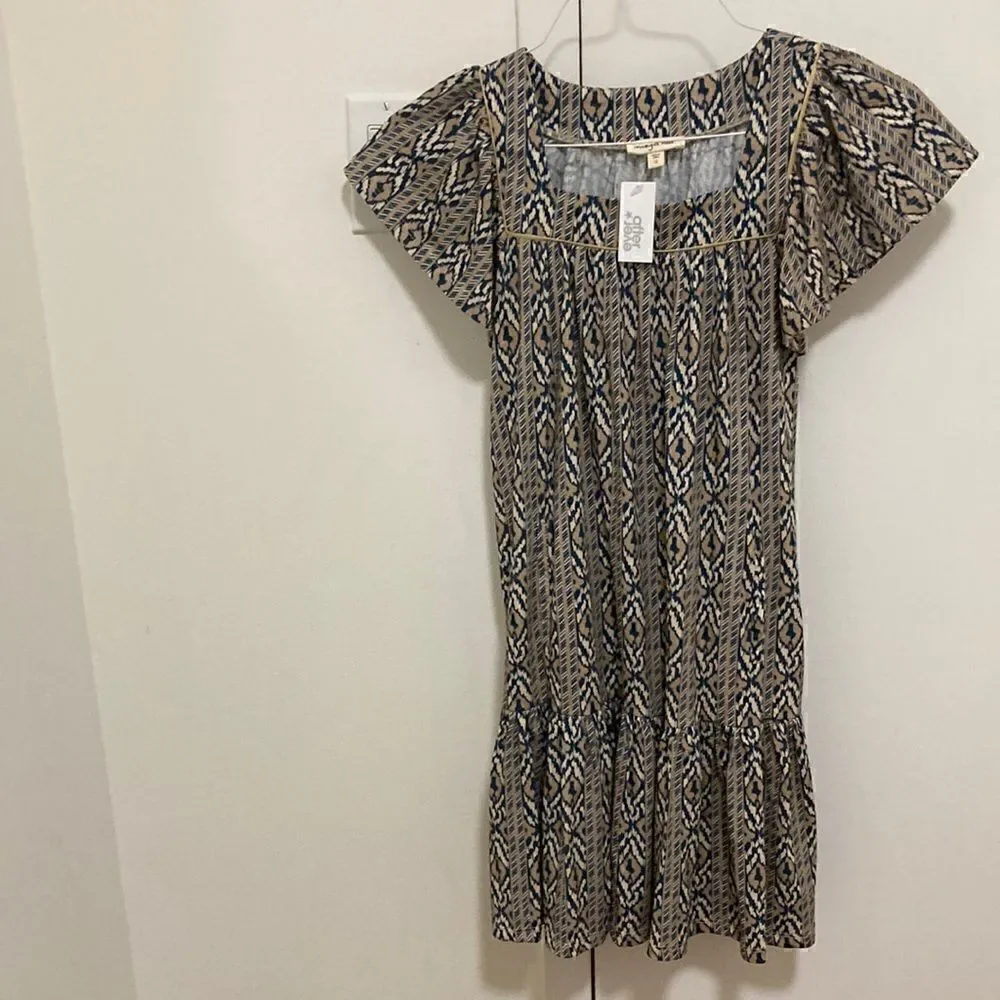 Imoga Pima NWT Organic Cotton Midi Shift Dress in Tan/Navy Ikat Print. Size 12.